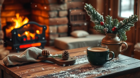 Cup of coffee with christmas decoration on wooden table in front of fireplaceの写真素材