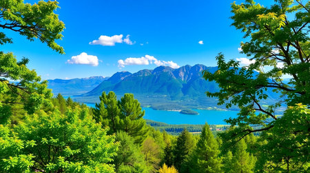 Panoramic view of Lake Lucerne and Alps mountains in Switzerland