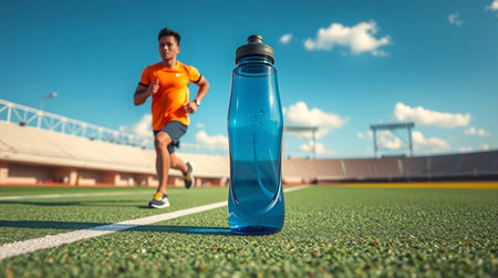 Runner athlete running on stadium track with bottle of water. Fitness and healthy lifestyle concept.の写真素材