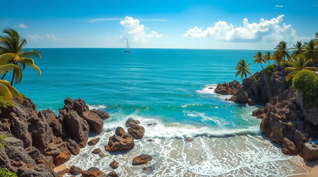 Panoramic aerial view of tropical beach with palm trees and turquoise seaの写真素材