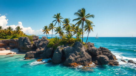 Tropical island with palm trees and blue sea. Panoramaの写真素材