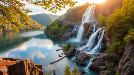 Waterfall in the mountains at sunset. Beautiful summer landscape with a waterfall.の写真素材
