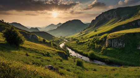 Beautiful summer mountain landscape. Panoramic view of the mountain river