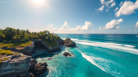 Aerial view of beautiful tropical beach with turquoise ocean and sandy beachの写真素材