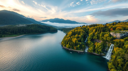 Aerial view of beautiful lake in the mountains at sunset. Beautiful nature landscape.の写真素材