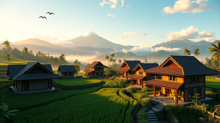 Rice terraces at sunset in a village