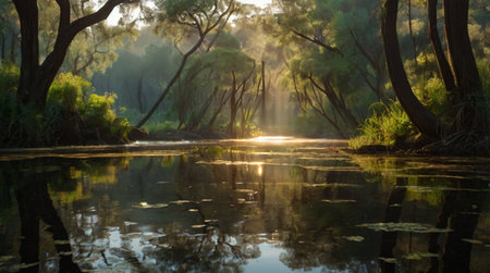 Sunset over the river in the Australian bush, South Australia.の写真素材