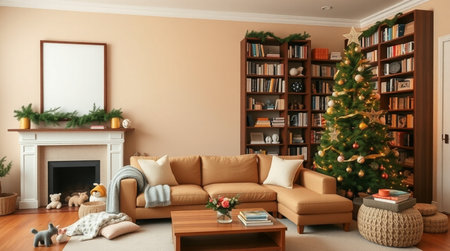 3d render of living room interior with christmas tree and fireplaceの写真素材