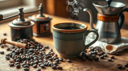Coffee in a cup and saucer on a wooden backgroundの写真素材