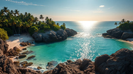 Aerial view of beautiful tropical beach with coconut palm trees at sunset
