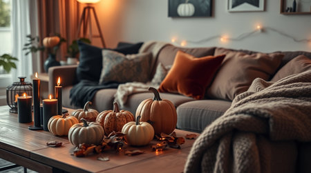 Cozy living room interior with pumpkins, candles and plaid