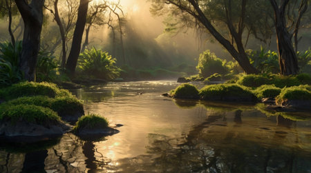 Sunrise over a small river in a Japanese garden, Tokyo, Japan
