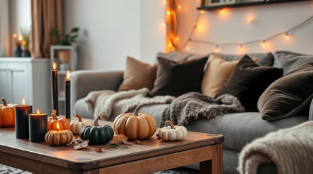 Cozy living room interior with burning candles and pumpkins on tableの写真素材