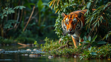 Sumatran tiger in the natural habitat. Wildlife scene from nature.