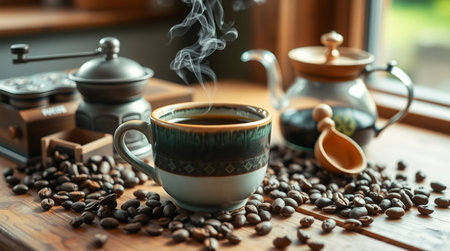 Coffee beans and coffee pot on a wooden table in coffee shopの写真素材