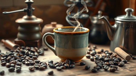 Coffee in a cup and saucer on a wooden backgroundの写真素材