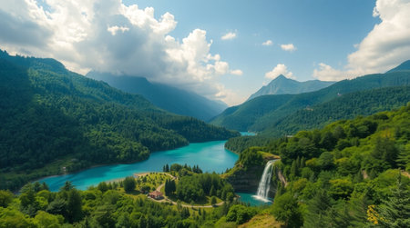 Aerial view of a beautiful mountain lake with turquoise water surrounded by green mountains