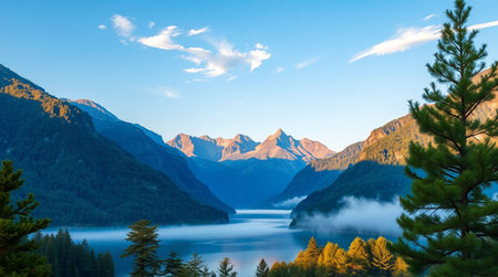 Mountain lake at sunrise in autumn, Alps, Bavaria, Germanyの写真素材