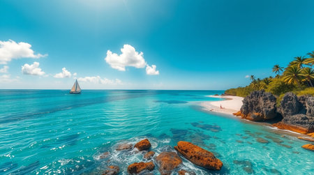 Panorama of beautiful beach with turquoise water and white sandの写真素材