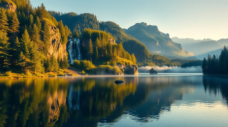 Foggy morning on the mountain lake. Landscape of the lake.の写真素材