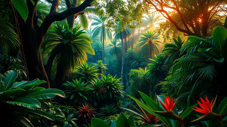 Sunset in tropical jungle with lush greenery and blooming flowers