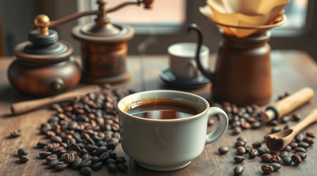 Cup of coffee and coffee beans on wooden table, closeupの写真素材