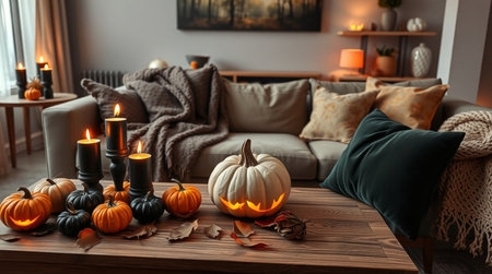 Beautiful halloween composition with pumpkins on table in living roomの写真素材