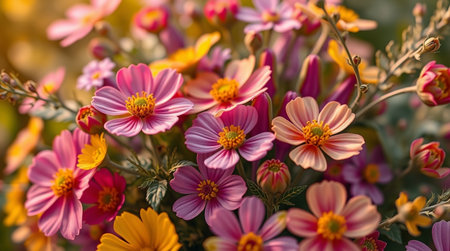 Colorful cosmos flowers blooming in the garden. Floral background