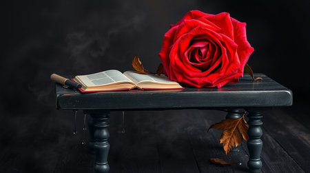 A red rose and a book on a black wooden table against a dark backgroundの写真素材