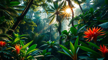 Beautiful tropical jungle with palm trees and flowers. Toned.の写真素材