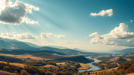 Beautiful summer landscape with a view of the mountains and the riverの写真素材