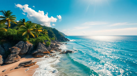 Panoramic view of a tropical beach with palm trees and turquoise sea.の写真素材