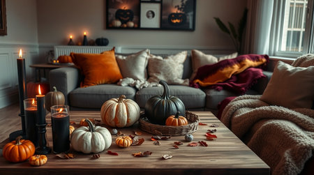 Autumn cozy living room with pumpkins, candles, autumn leaves, knitted plaid and cozy sofa.の写真素材