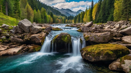 Mountain stream in the Carpathian Mountains. Panoramic viewの写真素材