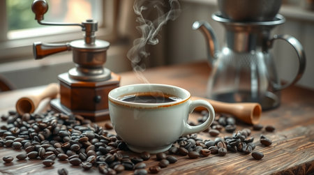 Cup of coffee and coffee grinder on a wooden table.の写真素材