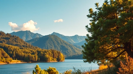 Beautiful landscape with mountains, lake and forest on a sunny day