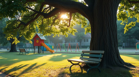 Playground in a park in the early morning. 3d render