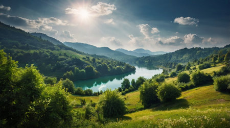 Beautiful summer landscape with green meadow and lake in mountains.の写真素材