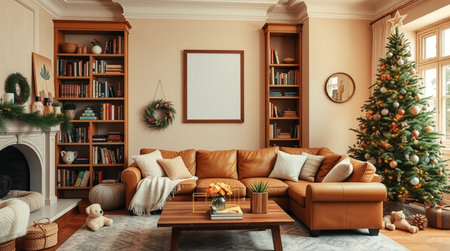 Merry Christmas and Happy New Year. Interior of living room with Christmas tree, fireplace, sofa and bookshelves. 3d renderの写真素材