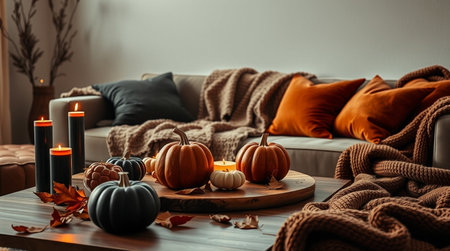 Autumn composition with pumpkins and candles on table in living roomの写真素材
