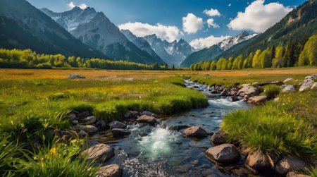 Panoramic view of a mountain river in the Altai mountains