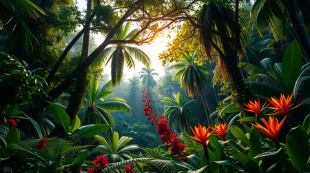 Tropical rainforest with exotic flowers and palm trees at sunsetの写真素材