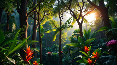 Beautiful tropical forest with sunlight in morning. Nature landscape background.の写真素材