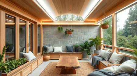 Interior of modern house, living room with wooden furniture. 3d render