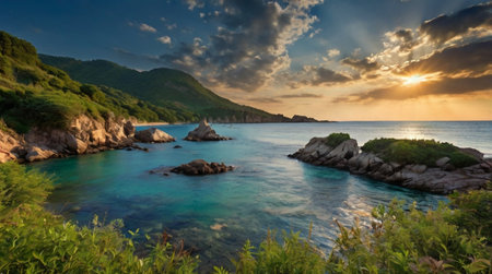 Panorama of a beautiful beach at sunsetの写真素材