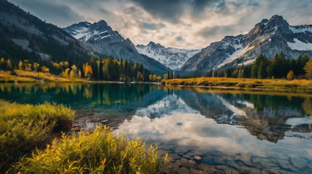 panoramic view of alpine lake in autumn with reflection in waterの写真素材