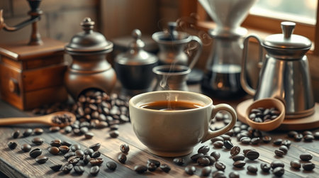 Coffee cup and coffee beans on a wooden table in a cafe