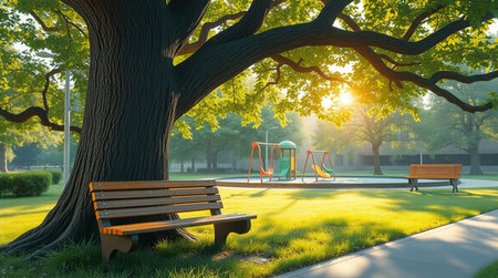 Empty bench under a big tree in the park. 3d rendering