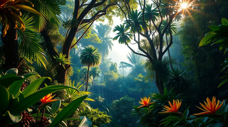 Tropical rainforest with palm trees and flowers at sunset.の写真素材