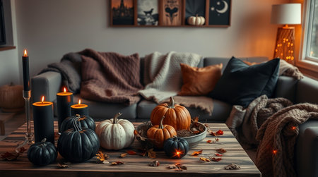 Halloween decoration with pumpkins and candles on wooden table in living roomの写真素材